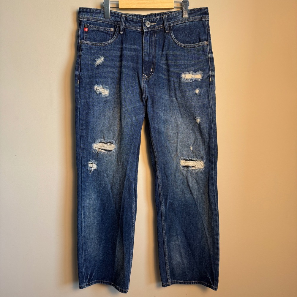 BIG STAR Mens 34 Distressed Blue Denim Jeans Button Fly Straight Leg Faded‎